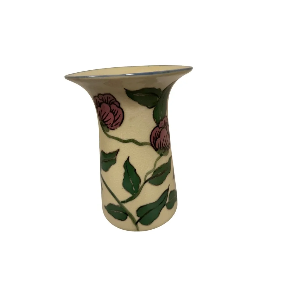Vintage Hand-Painted Floral Vase Cream Pink Purple Glaze 7.5